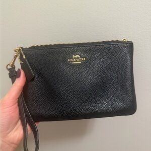 Coach Black Pebbled Leather Wristlet with Gold Accents